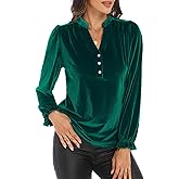 Women's Velvet Tops Puff Long Sleeve V Neck Ruched Fall Winter Trendy Christmas Formal Evening Party Holiday Shirts Blouse