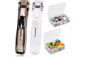 STYQUENZER 2 Pcs Portable Handheld Mini Push Stapler - Paper Clips Dispenser with 100 Pcs Refills