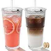 Ruckae 20oz Ribbed Glass Tumbler with Lids and Straws – 2 Pack Leak Proof Iced Coffee Cup– Aesthetic Glass Cups with Bamboo Lids for Home,Office,Travel and Gifts (2, Transparent)