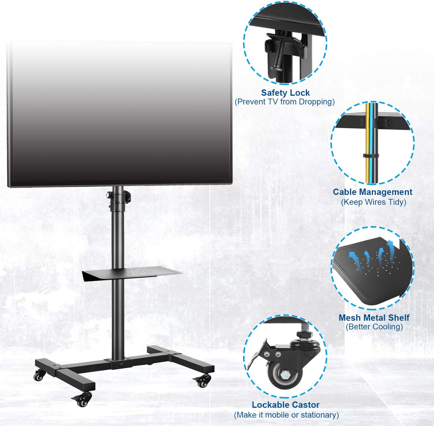 Mobile TV Cart Rolling Floor Stand with Mount on Lockable Wheels Height Adjustable Shelf Trolley for 23-55 inch Flat or Curved Screen TVs Display Stand, Black : Home Audio & Theater