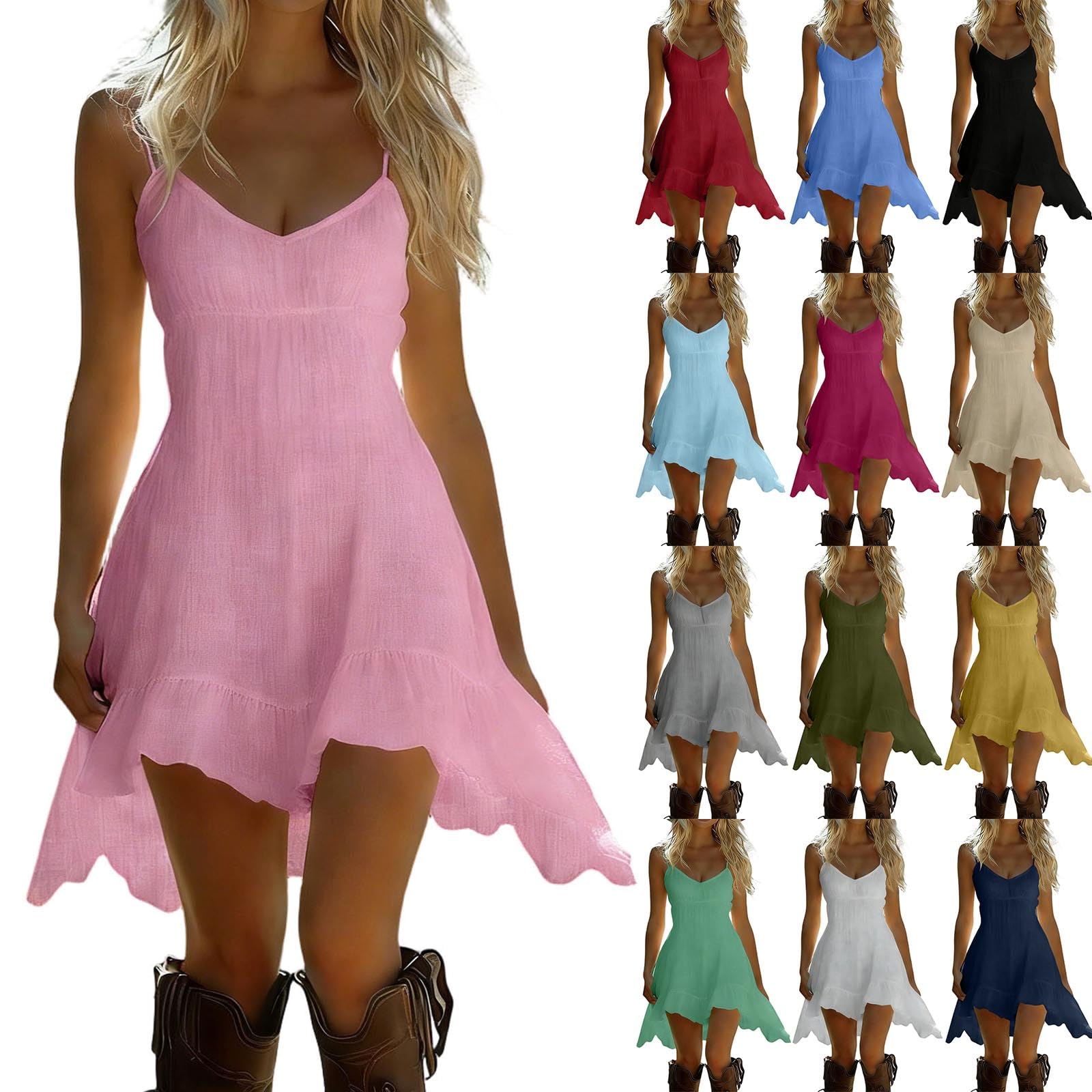 Summer Dresses for Women UK Cotton Linen Sleeveless Spaghetti Strap Mini Dress V Neck Sundress Flowy Tunic A-line Cami Dresses Ladies Casual Ruffled Dress Vacation Beach Sundresses Pink