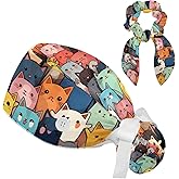 Scrub Caps Women with Button,Adjustable Surgical Caps with Ponytail Pouch,Working Cap with Bow Hair Scrunchy