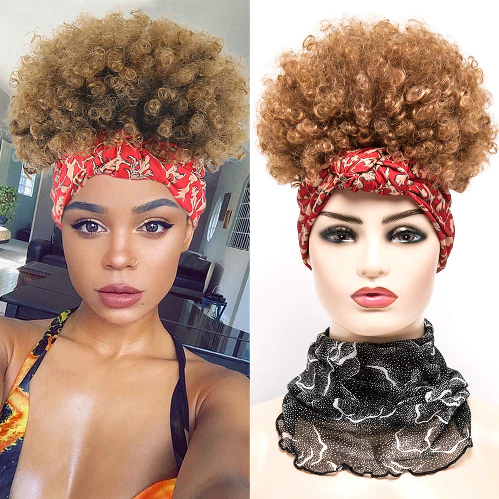Afro Kinky Curly Wrap Wigs for Black Women Headband Wigs with Bangs Synthetic Short Curly Wigs 2 in 1 Headwrap Turban Wigs Afro Puff Drawstring Ponytail with Red Hair Scarf (D-4/630)