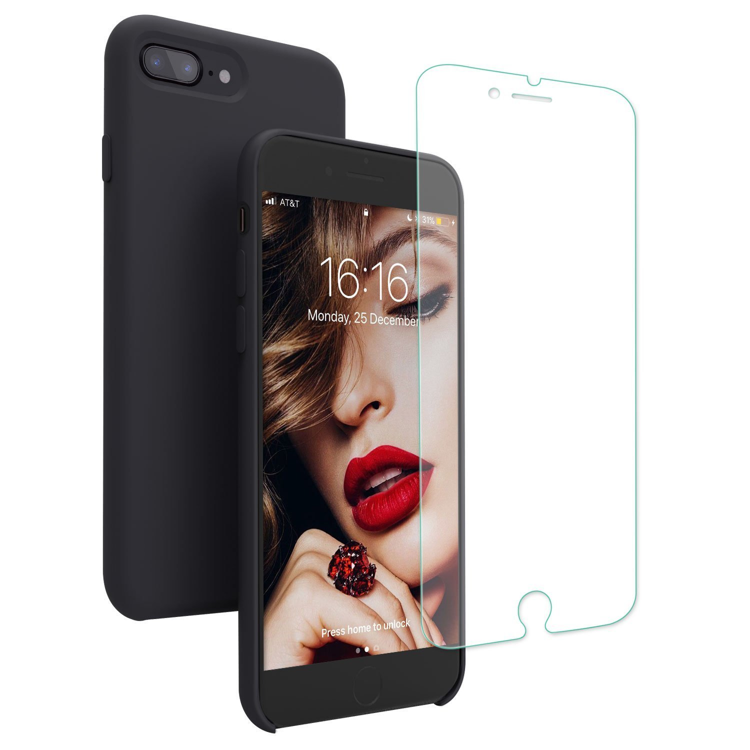 iPhone 8 Plus Case, iPhone 7 Plus Case, Jasbon Liquid Silicone Phone Case with Free Screen Protector Gel Rubber Shockproof Cover for Apple iPhone 7 iPhone 8-Black