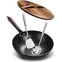 Anyfish Carbon Steel Wok Pan - 12.5" Woks and Stir Fry Pans with Lid, No Chemical Coated Chinese Wok, Flat Bottom Wok…