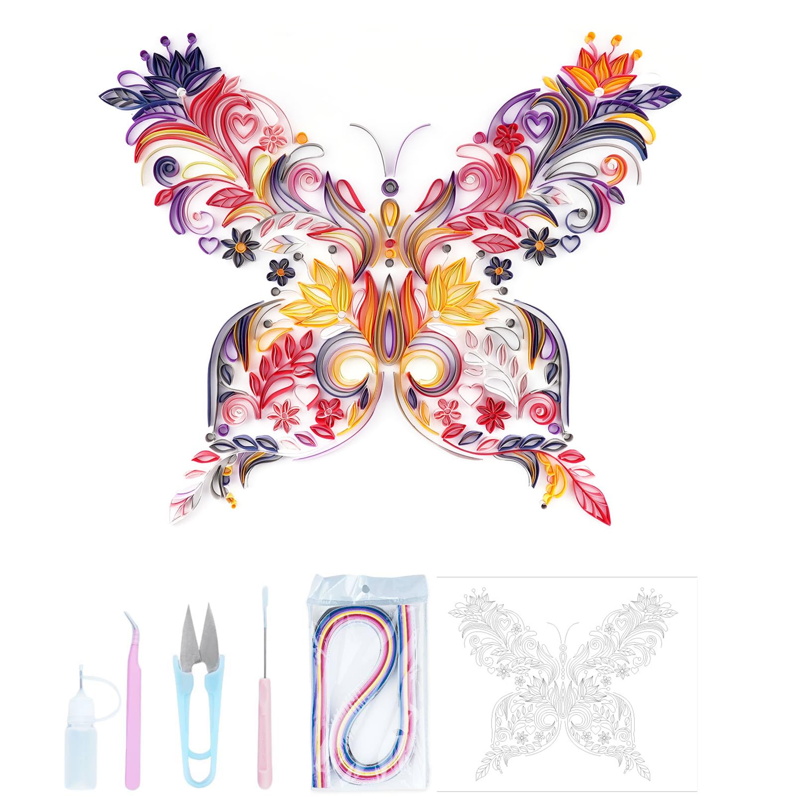 Uniquilling Paper Filigree Painting Quilling Kits,Panit by Numbers for Adults - Beautiful Butterfly Shape,Handmade DIY Craft Wall Decoration Best Gifts(Painting kit+Tools kit) (Basic)