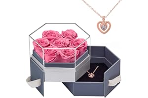 Beaulasting Roses Forever Flowers 7-Piece Preserved Roses in a Box Eternal Roses with Necklace Gift for Mother's Day Wedding Anniversary Birthday (Hexagon Haze Blue Box, Pink Roses)