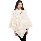 ARAN ISLE Women's Irish Aran Poncho - 100% Virgin Wool Cable Knit Wrap with Buttons, Warm Cape Shawl