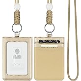 VULKIT ID Badge Holder with Lanyard for Women and Men Vertical Leather Badge Holder with Clear ID Window Card Holder Slot and Money Pocket Gold