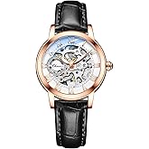MASTOP Women's Sapphire Watches Automatic Steampunk Self Winding Mechanical Gold Bracelet Ladies Skeleton Wrist Watch Leather Strap for Ladies Famale