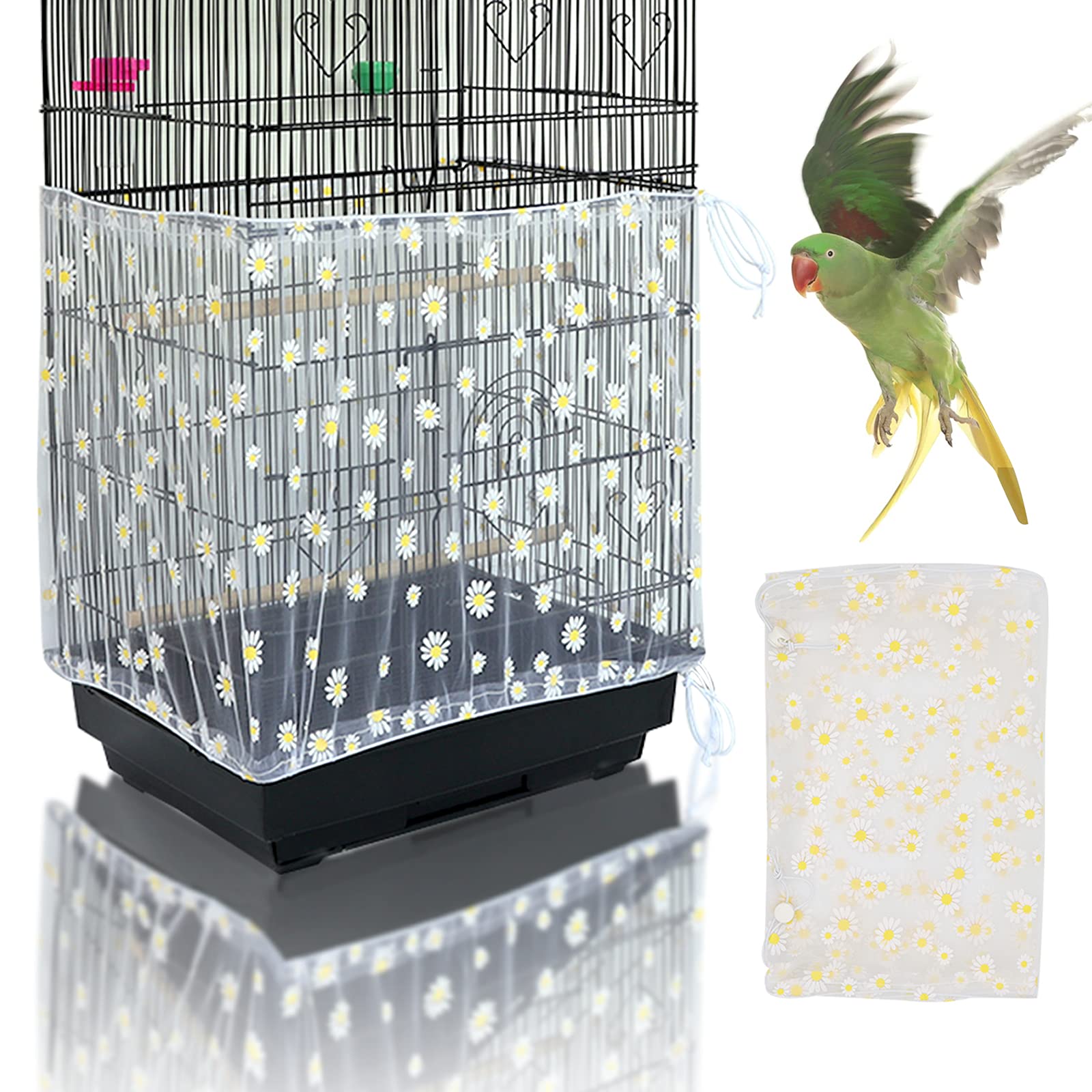 Yepper Adjustable Bird Cage Cover, Bird Cage Seed Catcher, Soft Nylon Mesh Net with Daisy Pattern, Birdcage Cover Skirt Seed Guard for Parrot Parakeet Macaw Round Square Cages (White) — image 1