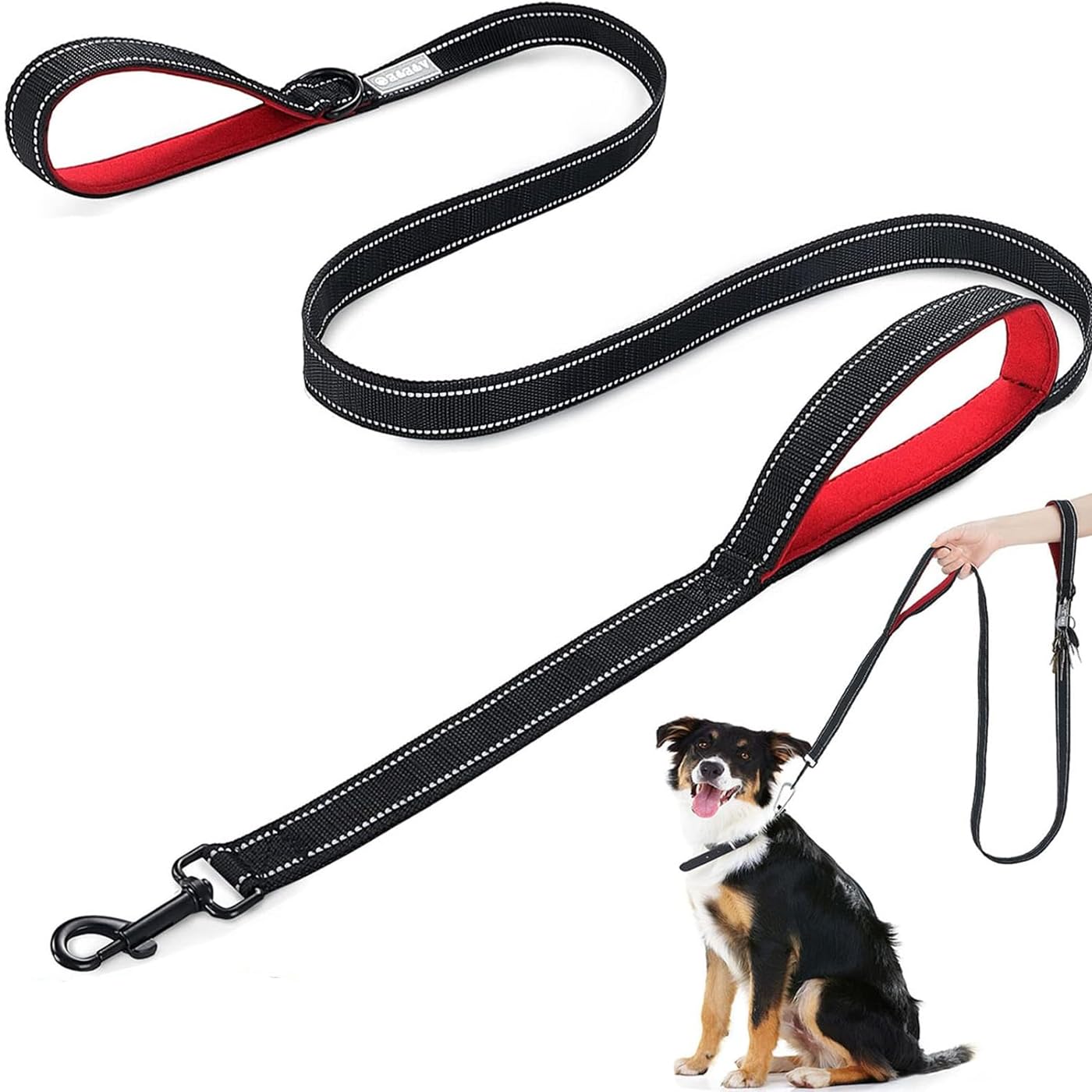GWAWG 1.8m Soft Two Padded Rope Reflective Dog Lead,Weather Resistant,Strong Leash Black Fit Pets