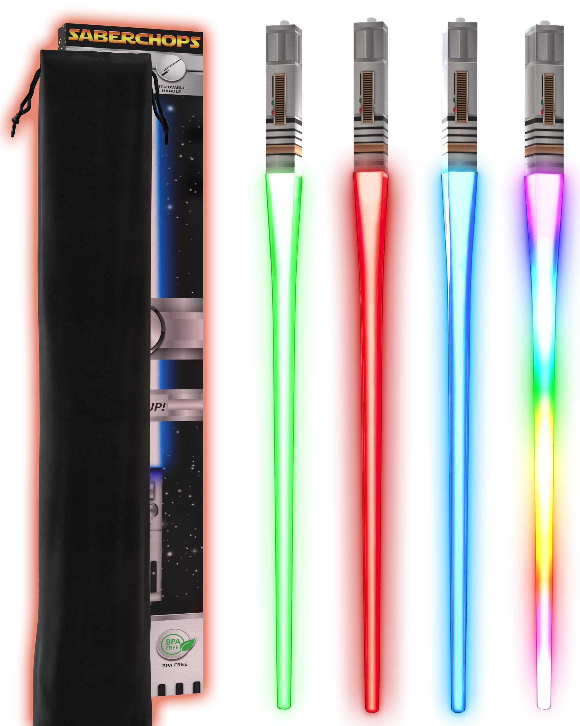 Lightsaber Chopsticks Light UP Star Wars LED Glowing Light Saber Chop Sticks Reusable Sushi Lightup Sabers Removable Handle Dishwasher Safe 8 Color Modes 2 Pairs