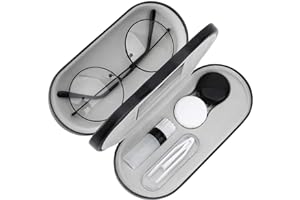 MoKo Double Eyeglass Case, Contact Lens Case with Mirror Tweezers Remover, 2 in 1 Double Sided Portable Contact Lens Box Holder Container Soak Storage Kit Sunglasses Pouch for Men & Women, Black