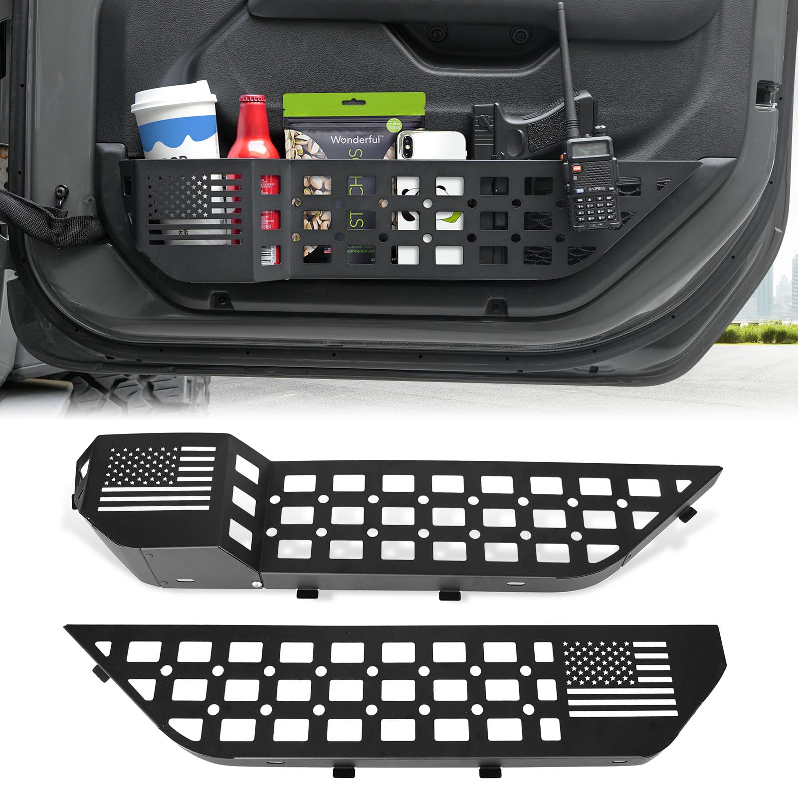 MAIKER Metal Front Door Storage Box, Door Side Insert Organizer Box Pockets for Replace Sagging Nets Compatible with 2018-2024 Jeep Wrangler JL JLU 4XE & 2020-2024 Gladiator JT(Black) Image