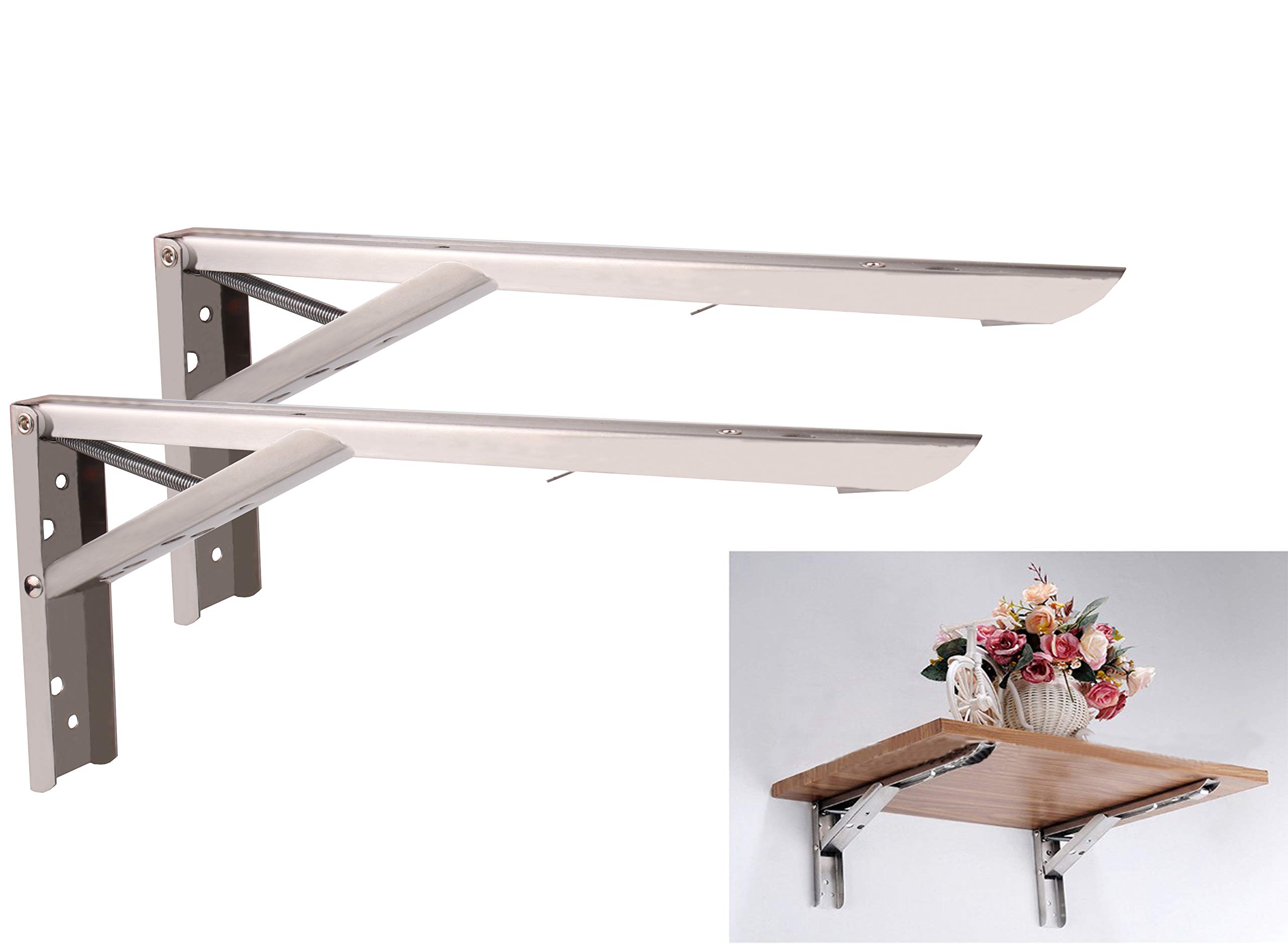 Folding Shelf Bracket, Tiberham 2 Pcs Wall Mounted L Shaped 90 Degree Angle Shelf Support Corner Brace, Heavy Duty Foldable Display Frame Racking Storage Holder, Max Load 50kg (Board Not Included)