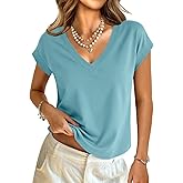 GKBK Womens Cotton Tops Cap Short Sleeve Crop V Neck Basic Shirts Boxy Casual Spring Summer Clothing Outfits