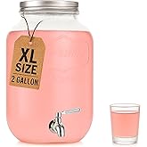 2 Gallon Extra Large Iced Beverage Dispenser – Glass Mason Jar Drink & Beverage Container with Metal Spigot and Lid