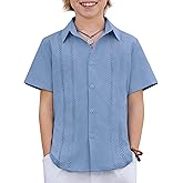Arshiner Boys Cuban Guayabera Shirt Short Sleeve Button Down Shirt Summer Casual Linen Shirts for Kids 4-12 Years