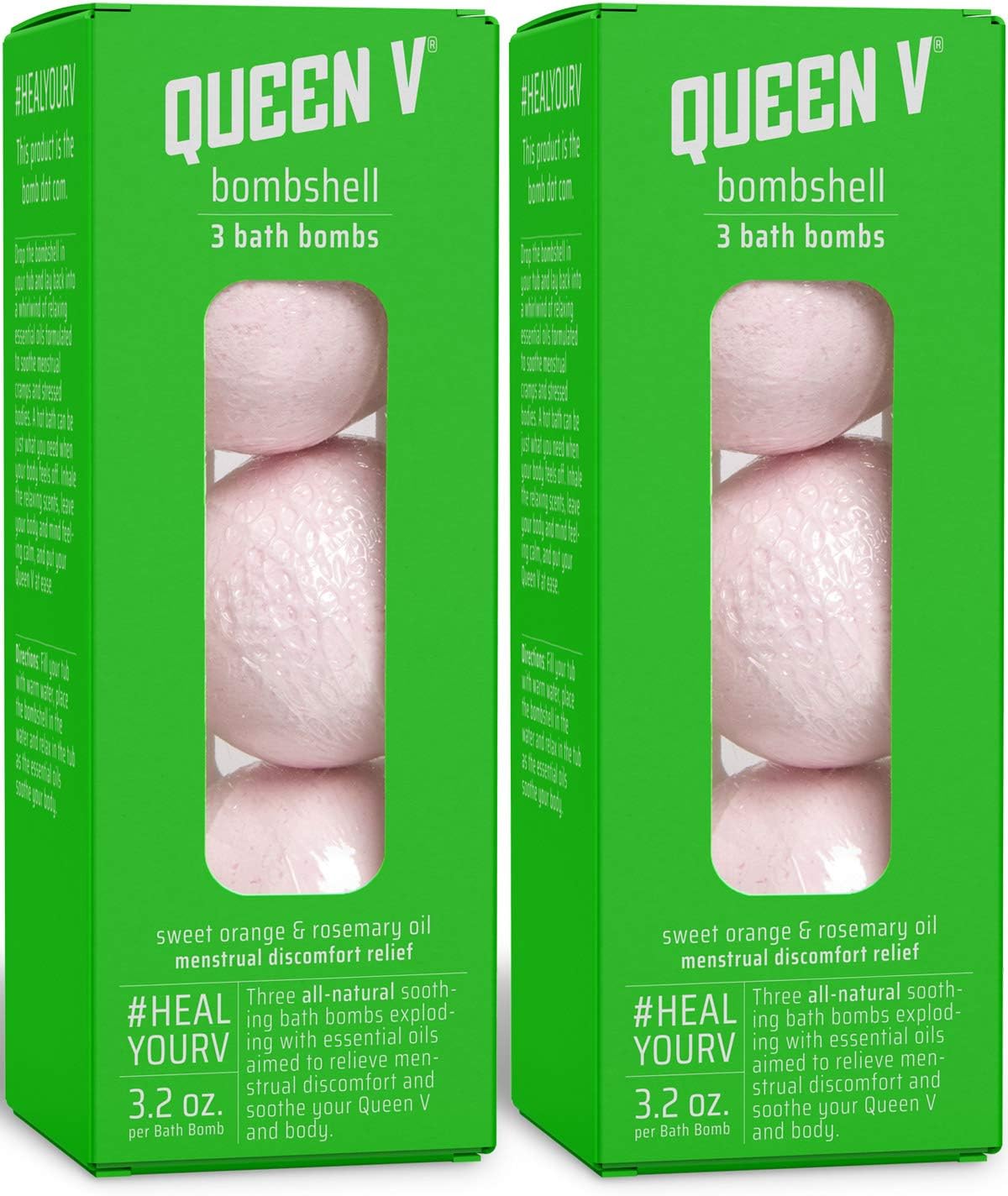 Queen V Bombshell Bath Bombs | pH Balanced, Support Vaginal Health | Menstrual Cramp Relief | No Harmful Ingredients, Gynecologist Recommended | Sweet Orange and Rosemary Oil | Fragrance Free (2 Pack)