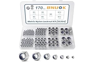 BNUOK 170PCS Metric Lock Nuts Assortment Kit, M3 M4 M5 M6 M8 M10 M12 Nylon Insert Locknuts Set, 304 Stainless Steel Self-Locking Nuts