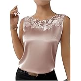 SweatyRocks Women's Satin Contrast Lace Crew Neck Sleeveless Blouse Appliques Summer Tank Tops