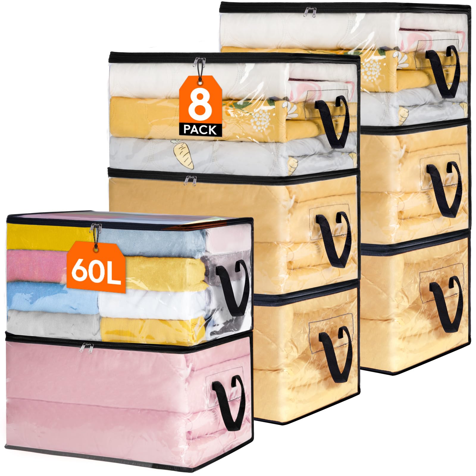 Lifewit 8 Pack Clear Clothes Storage Bags, 60L Plastic Blanket Storage Bags, Vinyl Foldable Moving Bags with Zipper, Closet Organizers and Storage Containers for Bedding, Duvet, Pillow