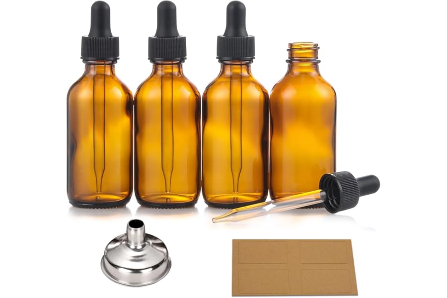 4 Pack, 2 oz Bottles with Dropper & 1 Funnel & 4 Labels – Essential Oils Bottles for Health, Personal Care & Beauty – 60ml Thick Dark Amber Glass Tincture Bottles, Refillable Cosmetic Containers