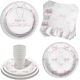 She's Tying The Knot Bridal Shower Party Supplies - 64 Piece Pink Bows Bridal Shower Tableware Set Includes Large 9" Dinner Plates and 8" Dessert Paper Plates Napkins Cups - Kit for 16