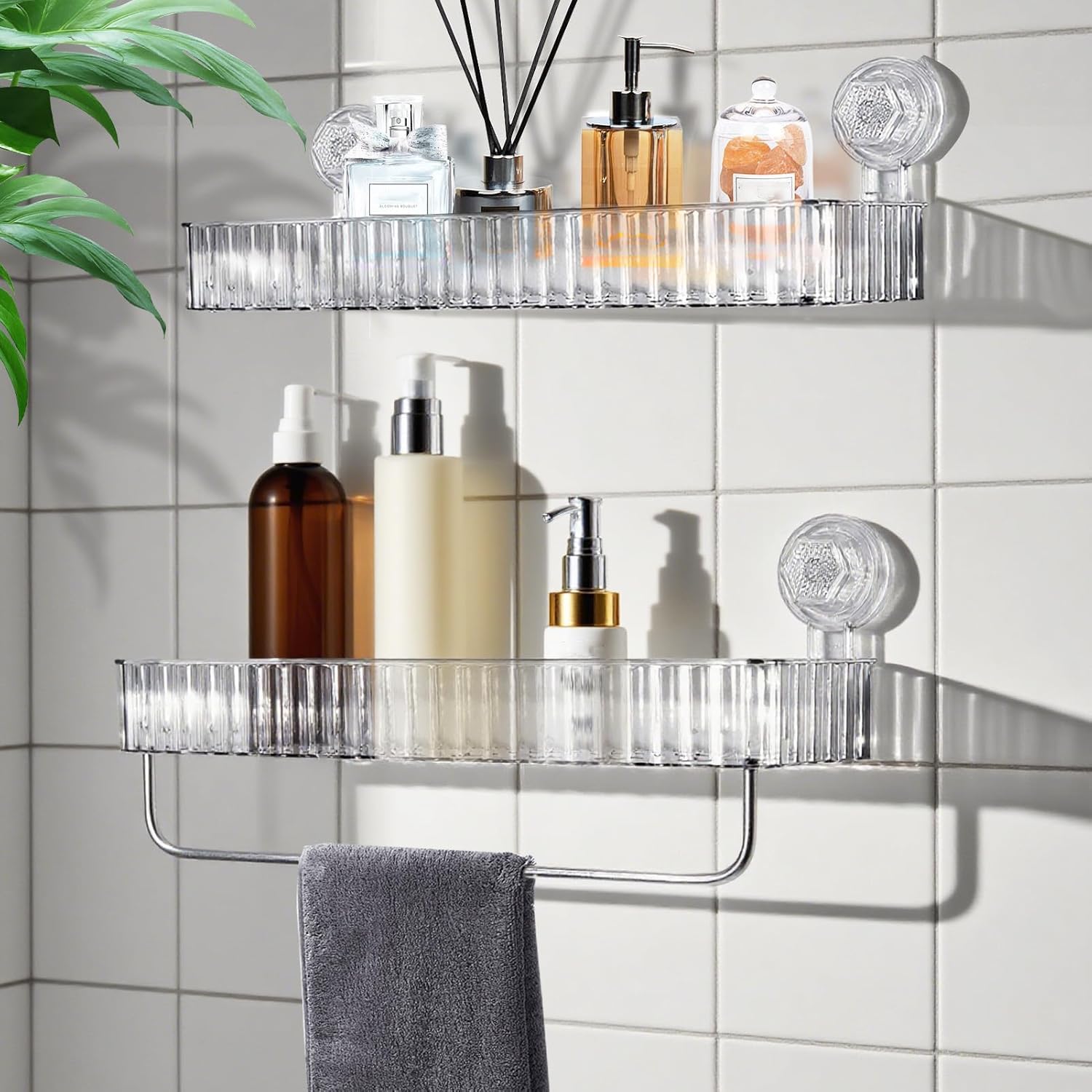 Photo 1 of JXYT Shower Caddy Suction Cup,2 Pack Shower Shelf for Bathroom Storage,No Drilling Removable Transparent Clear Shower Caddy Suction Cup,Large Capacity Reusable Shelves,Max Hold 11lbs With towel bar