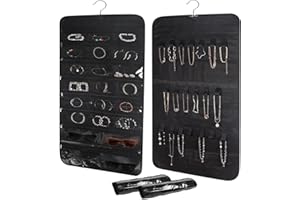 CRUGLA 2 Pack Zippered Hanging Jewelry Organizer Set, Double-Sided Jewelry Holder Organizer Storage Roll 44 Zippered Pockets 40 Hook Loops for Rings Earrings Necklaces On Closet Over the Door Mum Gift