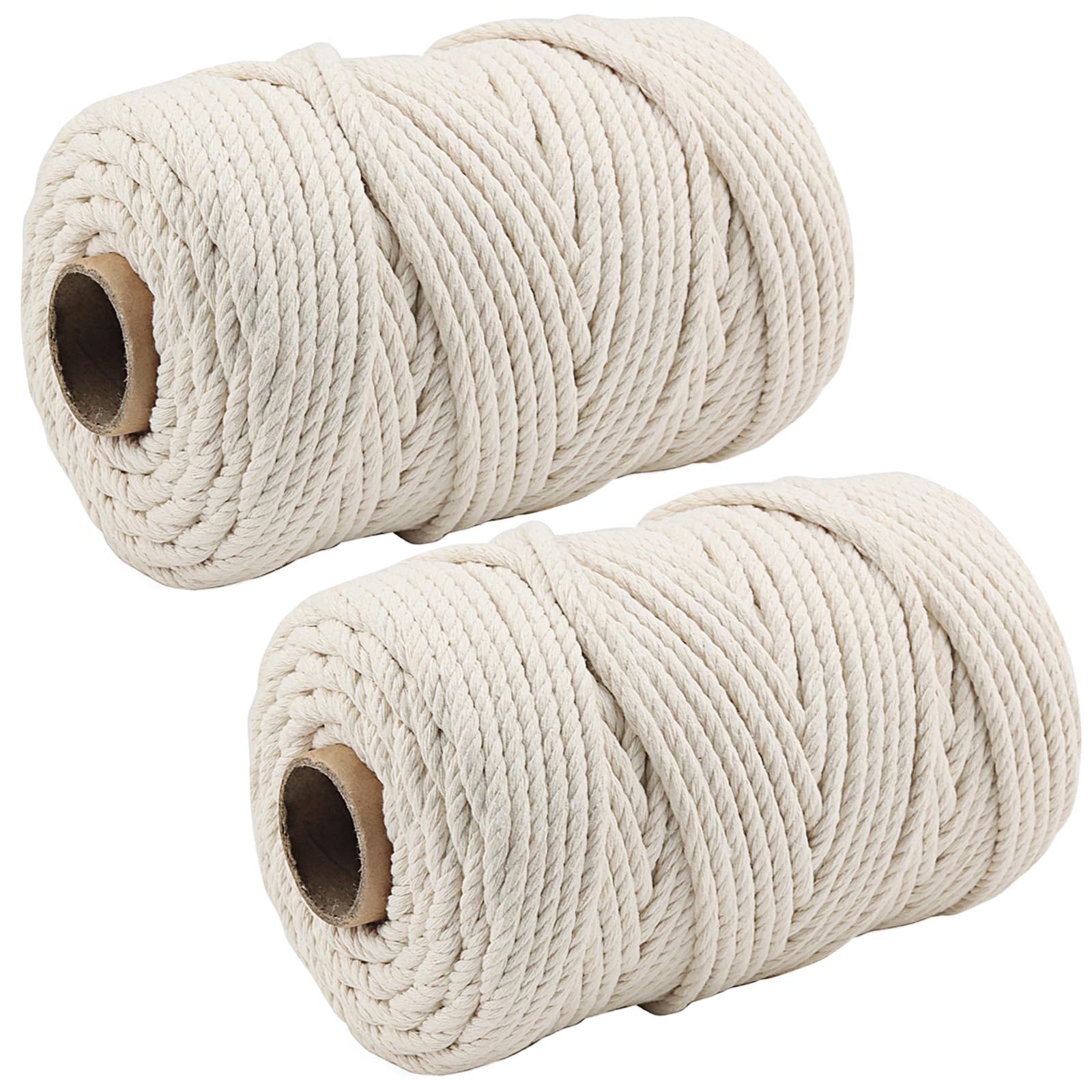 MANCHAP 2 Rolls 6mm x 100m Macrame Cord, 200m/656 Feet 4-Strand Natural Macrame Cotton Cord Rope for Knitting, Gift Wrapping, Wedding Decorations