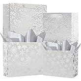 UNIQOOO 12PCS Assorted Metallic Silver Christmas Gift Bags Bulk, Size L 12.5'' M 9'', Silver Snow Berry Gift Wrap Bags, White Xmas Snowflake Paper Favor Bag Gift Packaging, For Holiday New Year Party