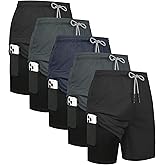 HOPLYNN 5 Pack Mens 2 in 1 Running Shorts with Liner, Quick Dry Workout Training Gym Athletic Sport Shorts with Pockets