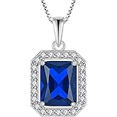 Wisbal Women's Emerald Cut Necklace 925 Sterling Silver Halo Created Birthstone Princess Cut Pendant Jewelry for Her