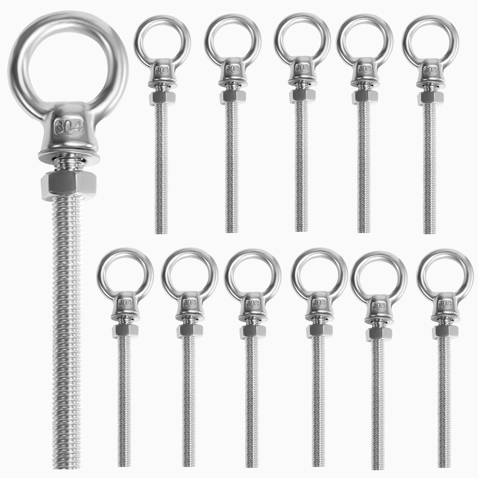 Zllzpzd Pack of 12 M8x80mm 304 Stainless Steel Flat Head Eye Bolts with Ring Nut and Washer