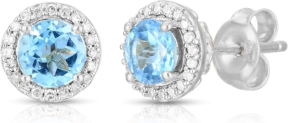 Natural Gemstone and Diamond Halo Stud Earrings, January Jewelry Forever
