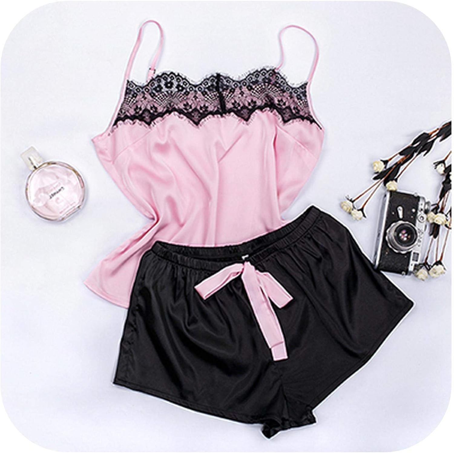 Floral Lace Pink Cami Pajama Set Women Black Short 2020