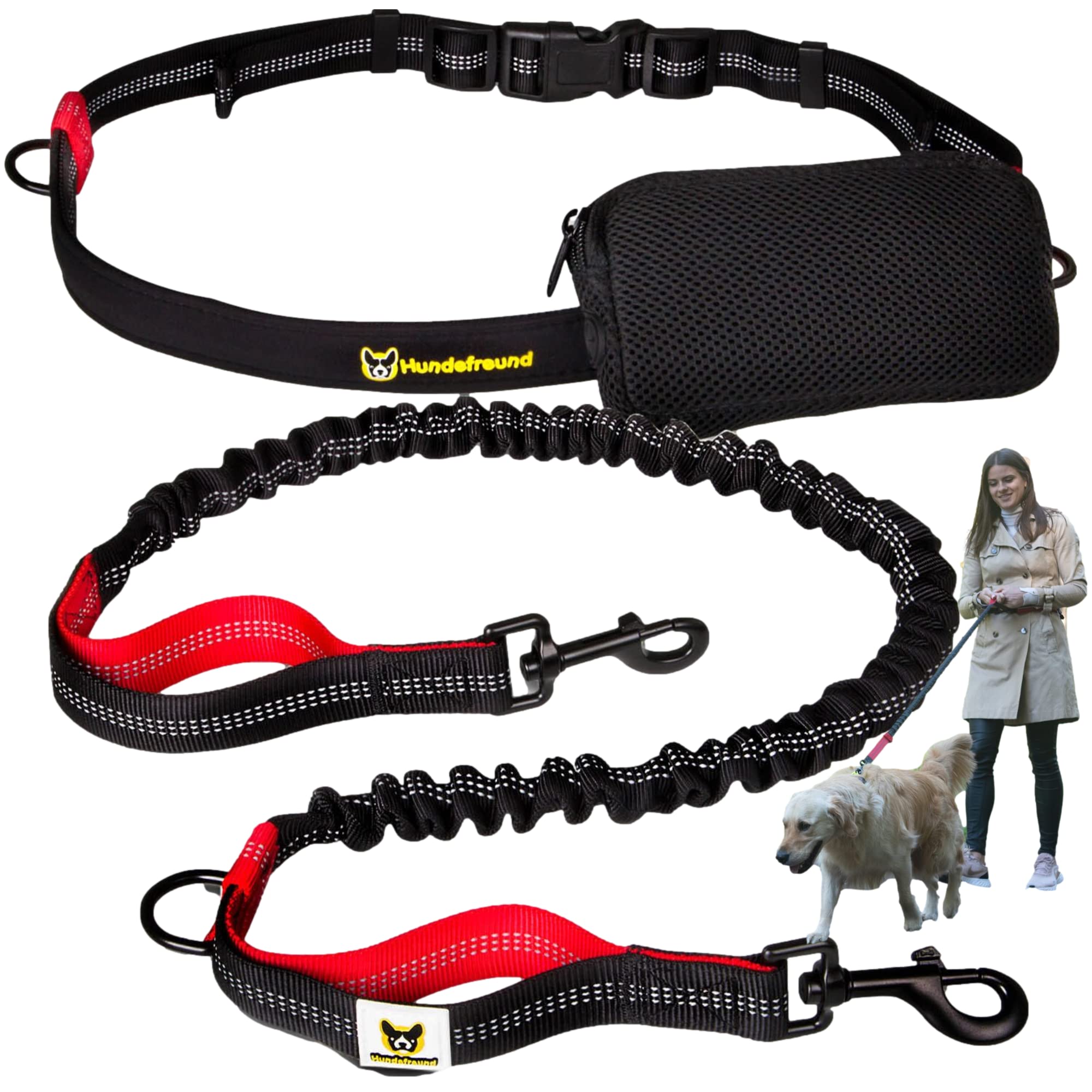 Premium dog lead, 120 cm to 200 cm | Elastic reflective, tearproof, upholstered hip pad, hip bags | hands, running, walking and hiking.