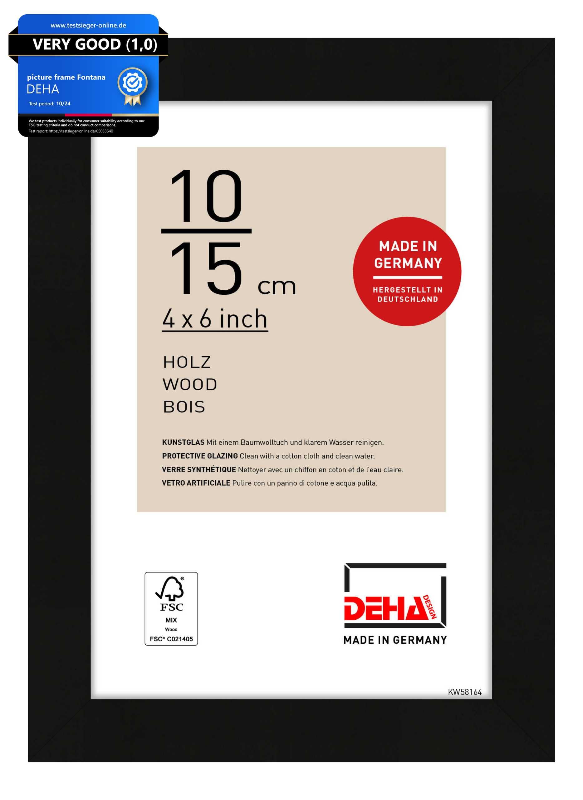DEHA Design Fontana Wooden Picture Frame - 10x15 cm (4x6 in) – Black - with Synthetic Glass and Push/Turn Clips