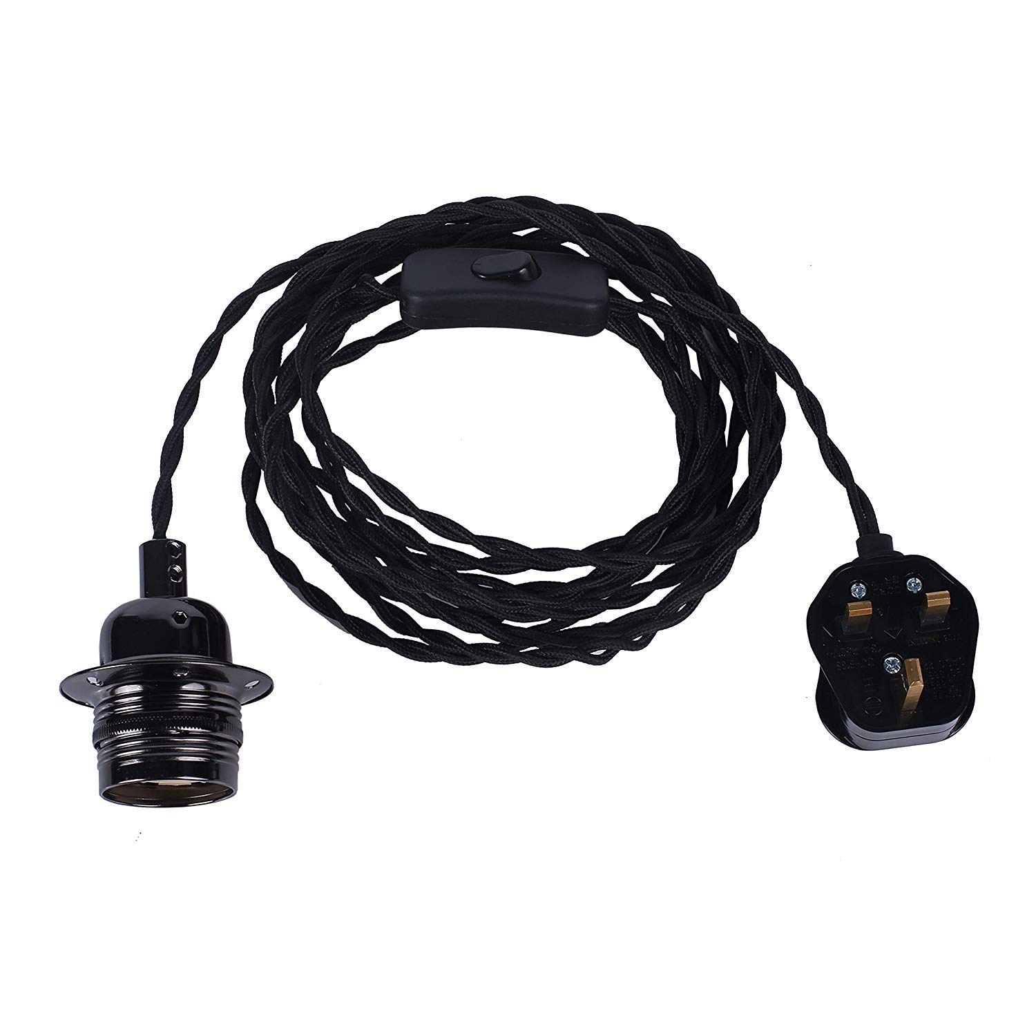 JING Vintage Pendant Light Fitting With Plug-In,4.5 Meters Braided Twisted Fabric Cable Plug With In-Line On/Off Switch,E27 Screw Lamp Holder, Industrial Style Hanging Light Fitting Kit-LAN05-BLK