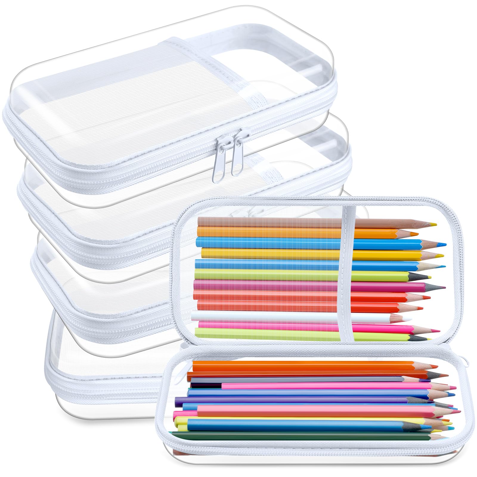 Photo 1 of Sanwuta 4 Pcs Clear Hard Sided Zipper Pencil Case Pouches Bulk Plastic Hard Shell Pencil Case Box Organizer with Mesh Pocket Toiletry Pouch Makeup Bag, Back to School Supplies(White)