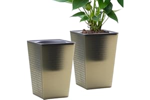 Oliz Self Watering Planter 2 Pieces 6 Inch, Plastic Flower Pots with Inner Pot Indoor Plants Brick Pattern Flowerpot for Indoor Plants, African Violets, Flowers, Herbs (Brown)
