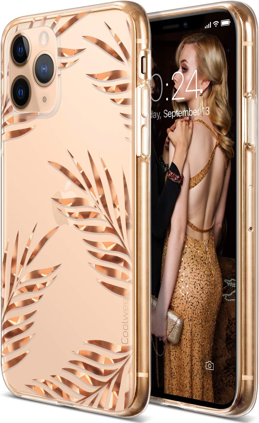 Coolwee iPhone 11 Pro Case Rose Gold Palm Floral Case for Women Girl Men Foil Clear Design Shiny Glitter Hard Back Case with Soft TPU Bumper Cover for Apple iPhone 11 Pro 5.8 inch 2019 Tropical Leaves
