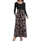HAOMEILI Women's Casual Loose Long Dress Long Sleeve Floral Print Maxi Dresses with Pockets S Gypsophila Black