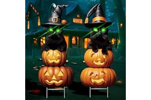 SEWRUNG 2Pcs 4.0FT Black Cat Halloween Decorations Plastic Yard Signs with Stakes,Spooky Halloween Pumpkin Decorations Outdoor, Scary Silhouette Glow in Dark Eyes for Outdoor Yard Lawn Garden Halloween Decor