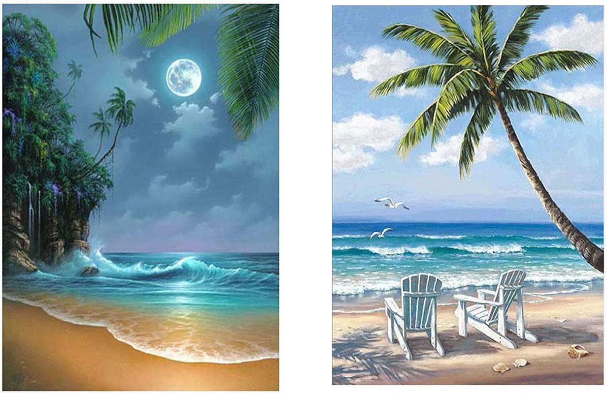 2 Pack DIY 5D Diamond Painting Night Beach and Coconut Beach by Number Kits Bimkole Paint with Diamonds Arts Supply Canvas Craft Home Wall Decor, 12x16inch