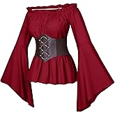 Womens Renaissance Victorian Peasant Ruffle Smocked Waist Boho Pirate Shirt Blouse with Belt Set