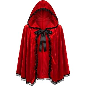 Forwe Little Red Riding Hood Cape Short Velvet Red Hooded Cloak for Adult Women Halloween Costume Play