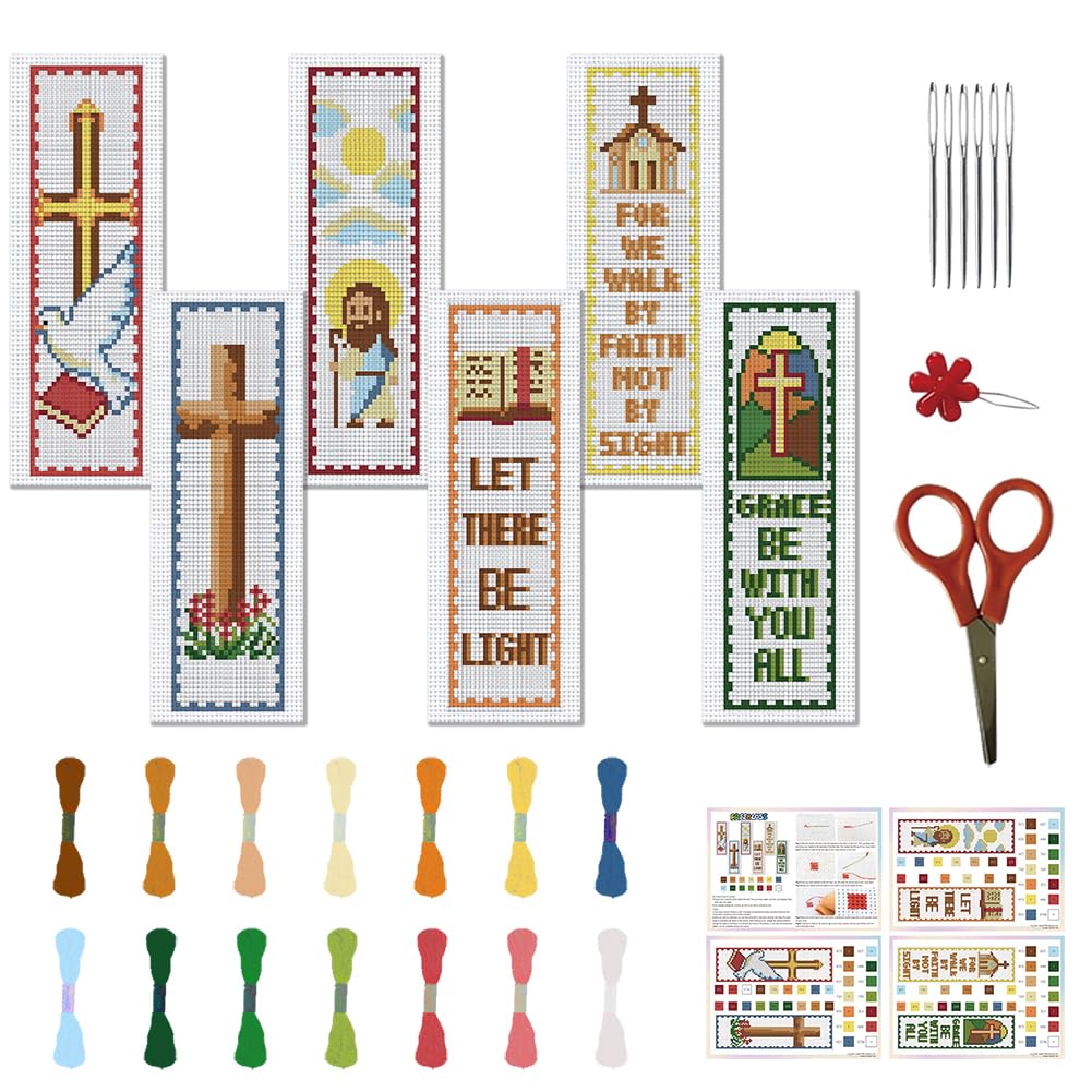 FREEBLOSS 22*8cm 6 Set Cross Stitch Bookmark Kits Plaid Biblical Themes Cross Stitch Patterns DIY Bookmarks Cross Stitch Kits Stamped Embroidery Bookmarks Kit Counted Cross Stitch Kits for Beginners
